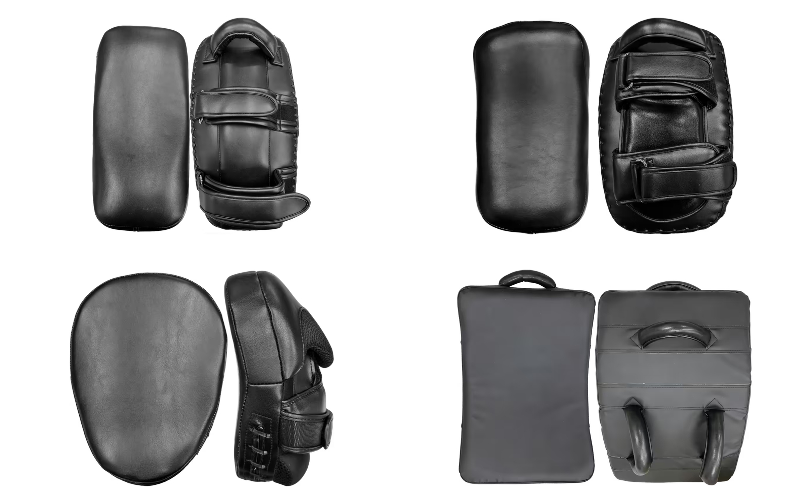 Muay Thai pads, focus mitts and curved strike shield — product range montage