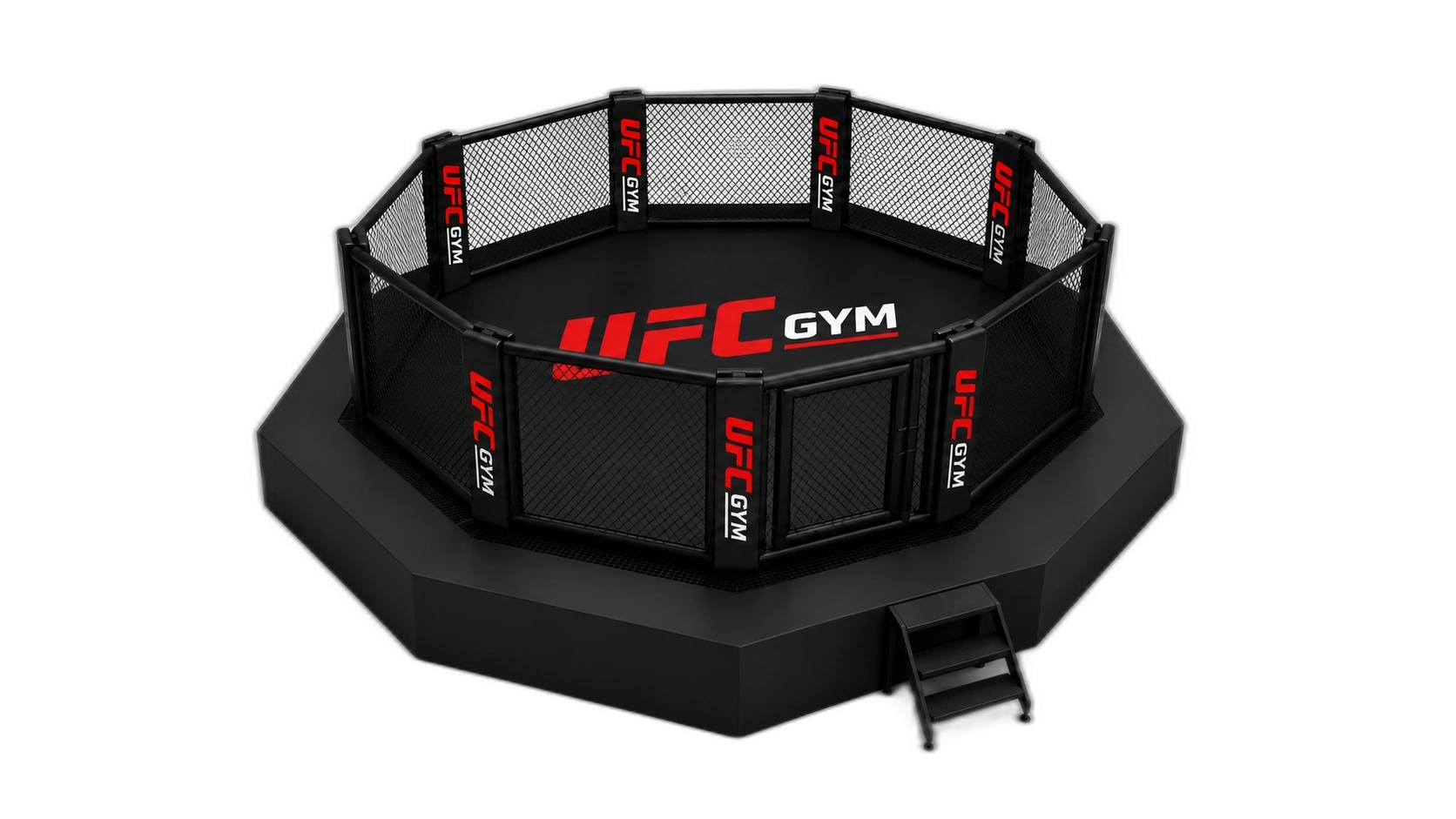 Accueil 1 UFC GYM branded octagonal MMA cage with raised platform and stairs — product illustration