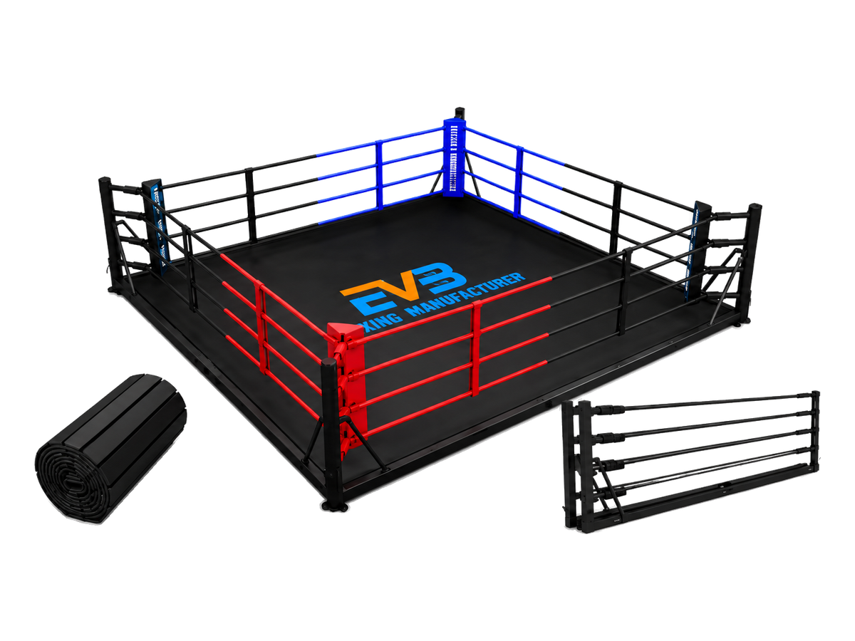 Accueil 2 EVB boxing ring with rolled mat and detachable side panel — product illustration