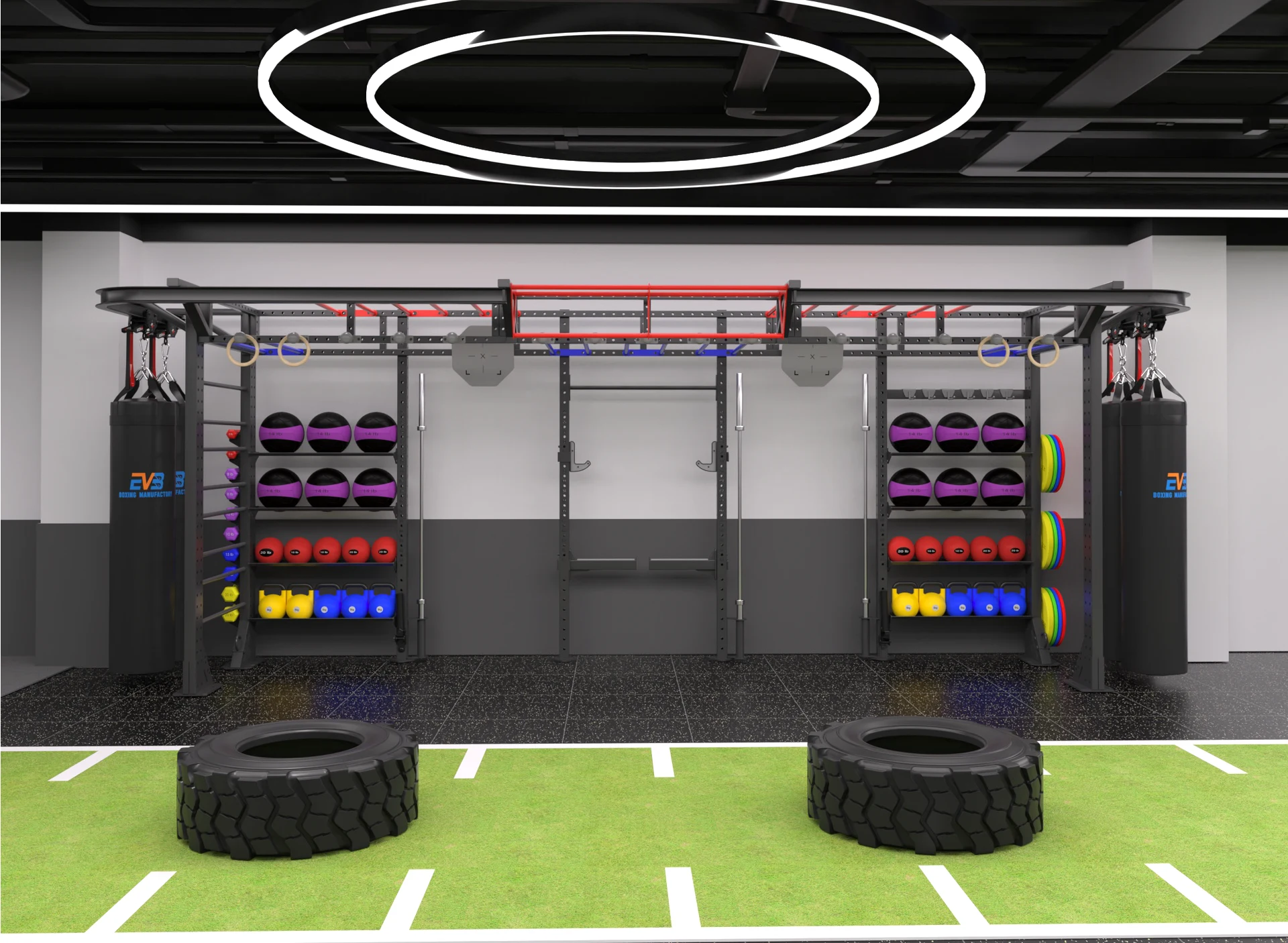 EVB in-house 2D CAD and 3D custom boxing gym rig and rail layout render