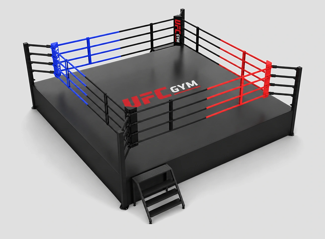 Raised black boxing ring with 4 rope levels, red and blue corners, 1 access stair and UFC GYM branding shown as a customization reference