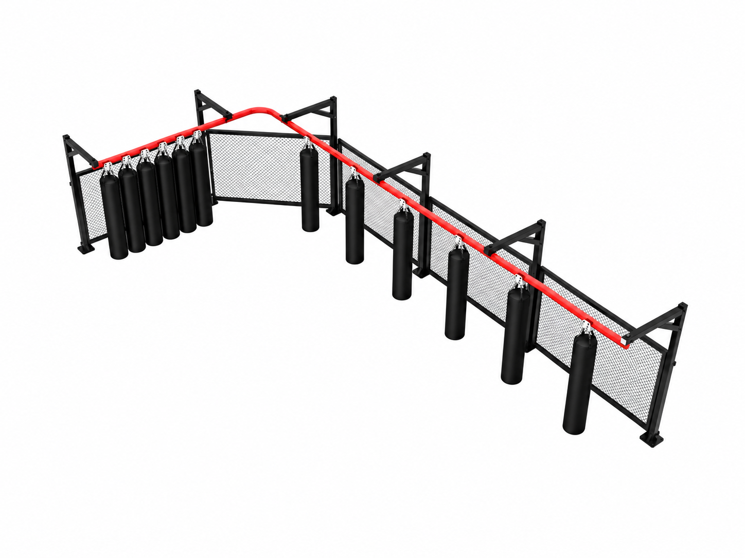 Corner heavy bag rail layout with spaced training bags and a grouped bag-parking area on white
