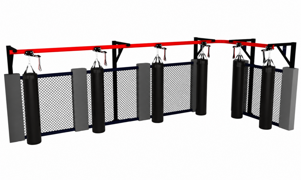 Cage-mounted heavy bag rail system with red corner track, black bags and mesh panels on white