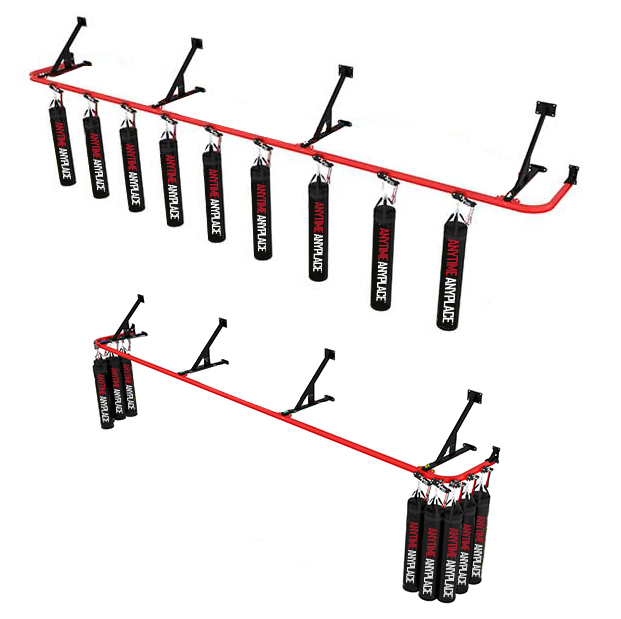 Track-mounted heavy bag rack system shown in training and storage positions