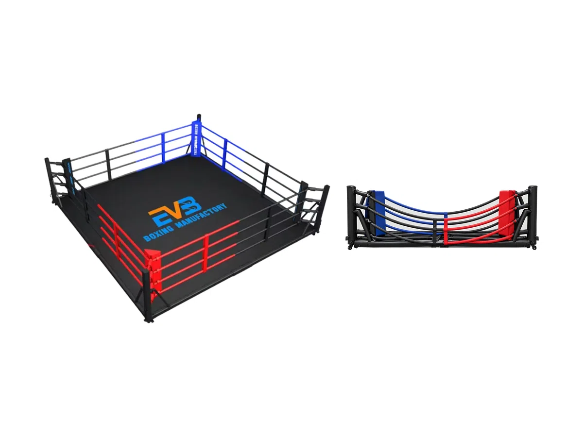 Commercial space-saving foldable boxing ring for gyms, shown unfolded and folded flat against the wall