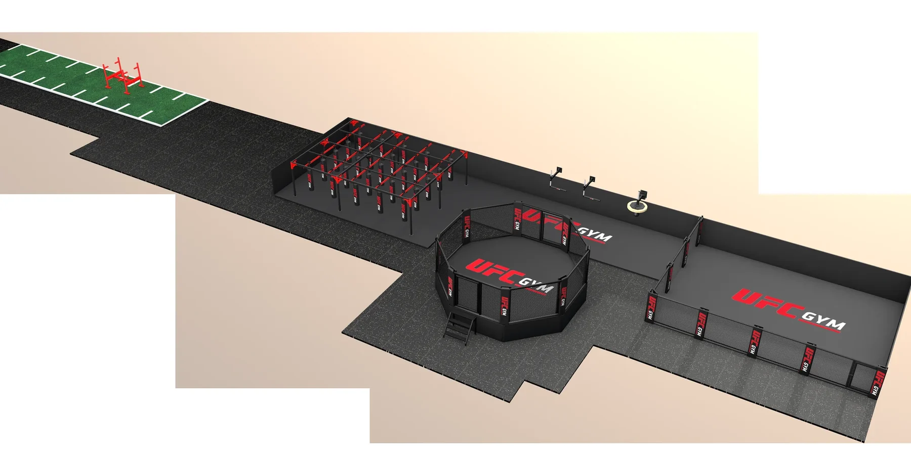 EVB track-mounted heavy bag sliding rail system for commercial boxing studios