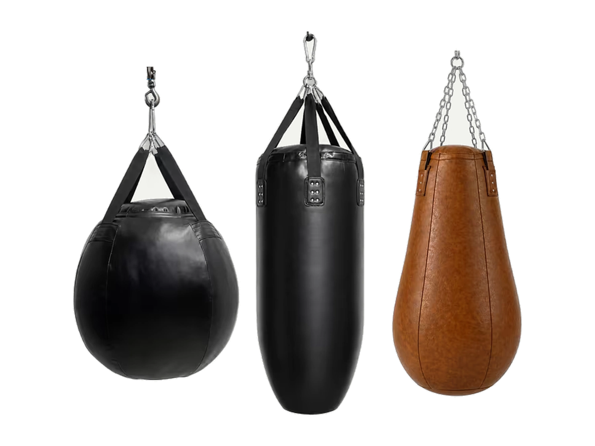Three commercial hanging punching bag styles: wrecking-ball, straight heavy bag and teardrop bag