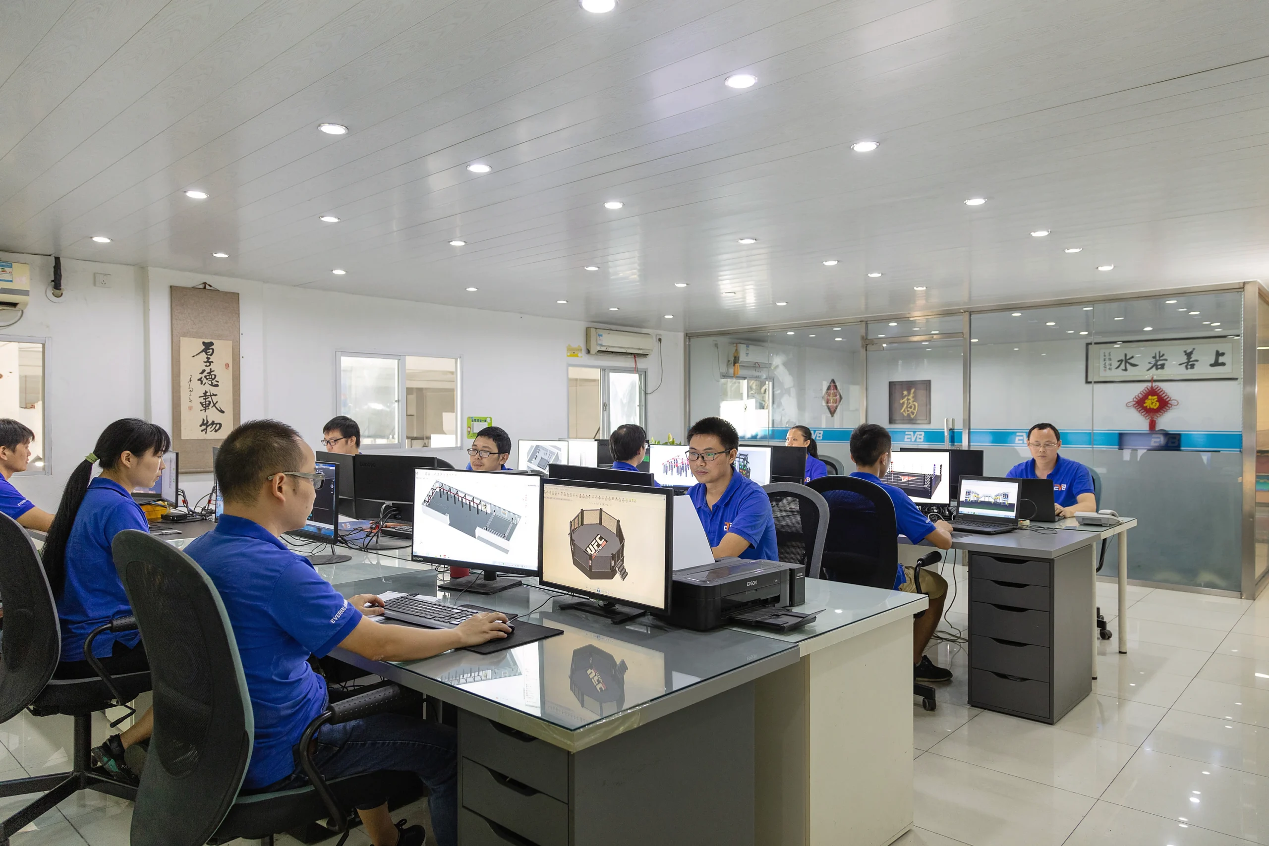 EVB engineering team working with 3D product models and technical drawings