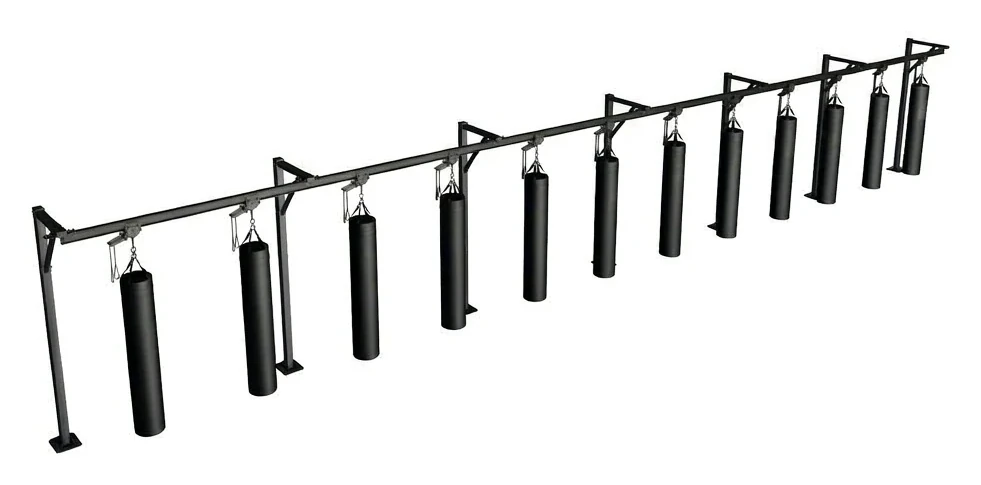 Configuration visualization of a floor-supported track-mounted heavy bag rail system