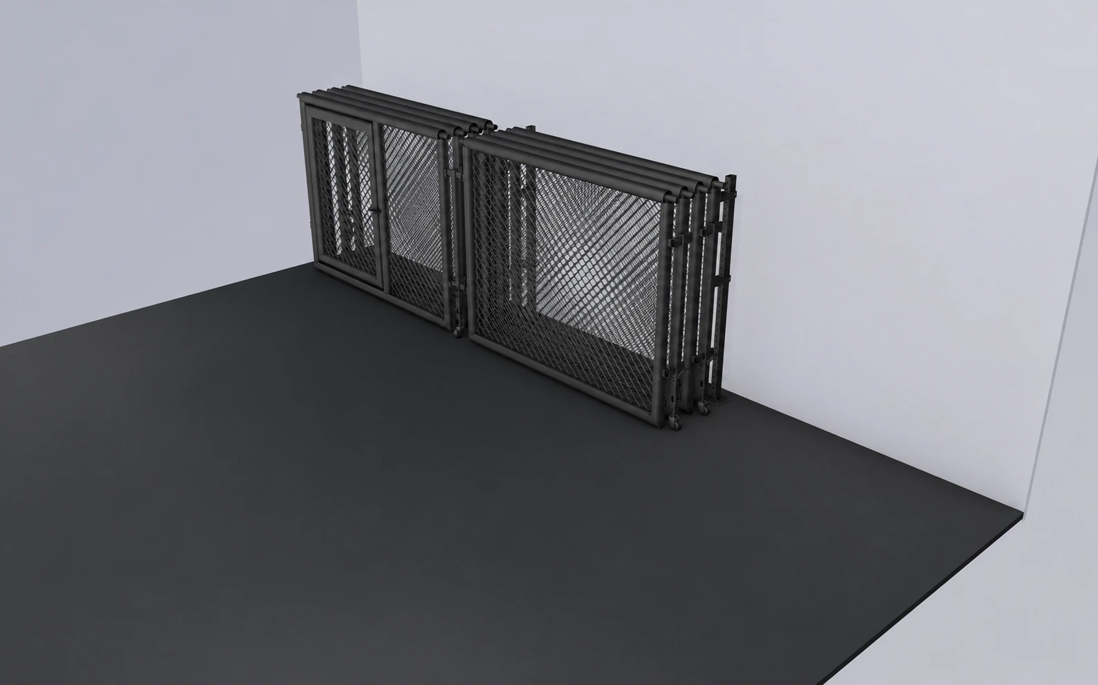 Foldable Collapsible MMA Cage 4m 5m 6m for Gym Training & Commercial Use 4 Foldable MMA cage compressed and wheeled against gym wall for storage