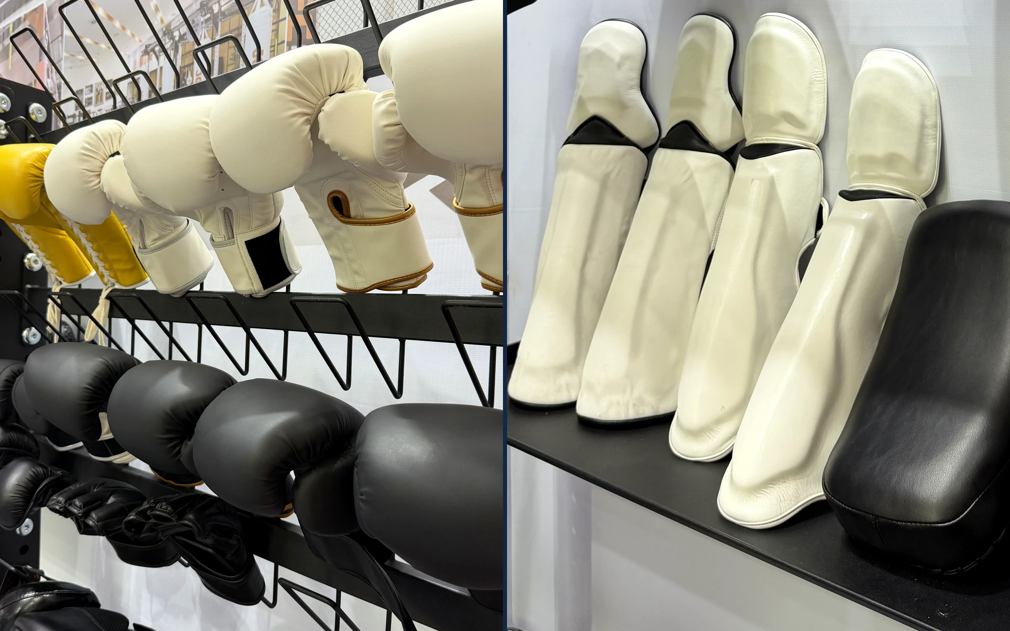 Finished boxing gloves, shin guards and training pads arranged as a soft-goods product range