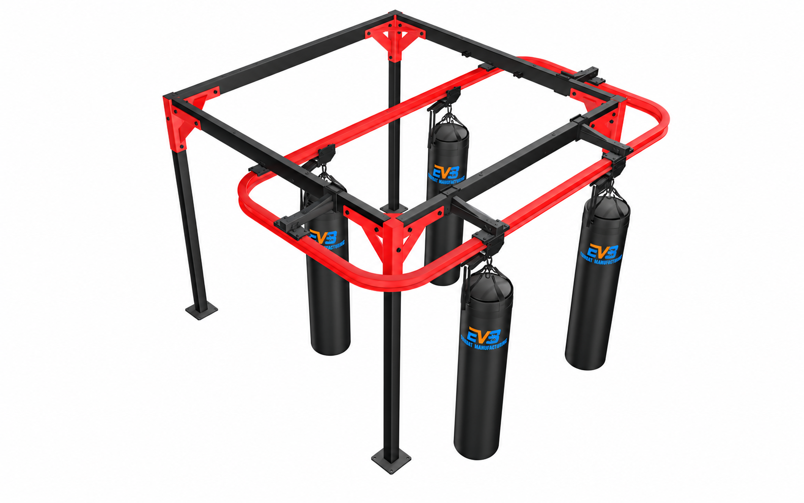 Compact rail configuration with EVB branded heavy bags on white
