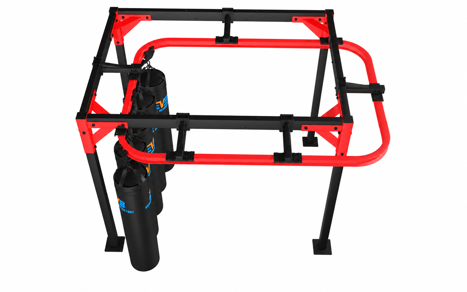 Bag storage configuration with EVB branded heavy bags on white