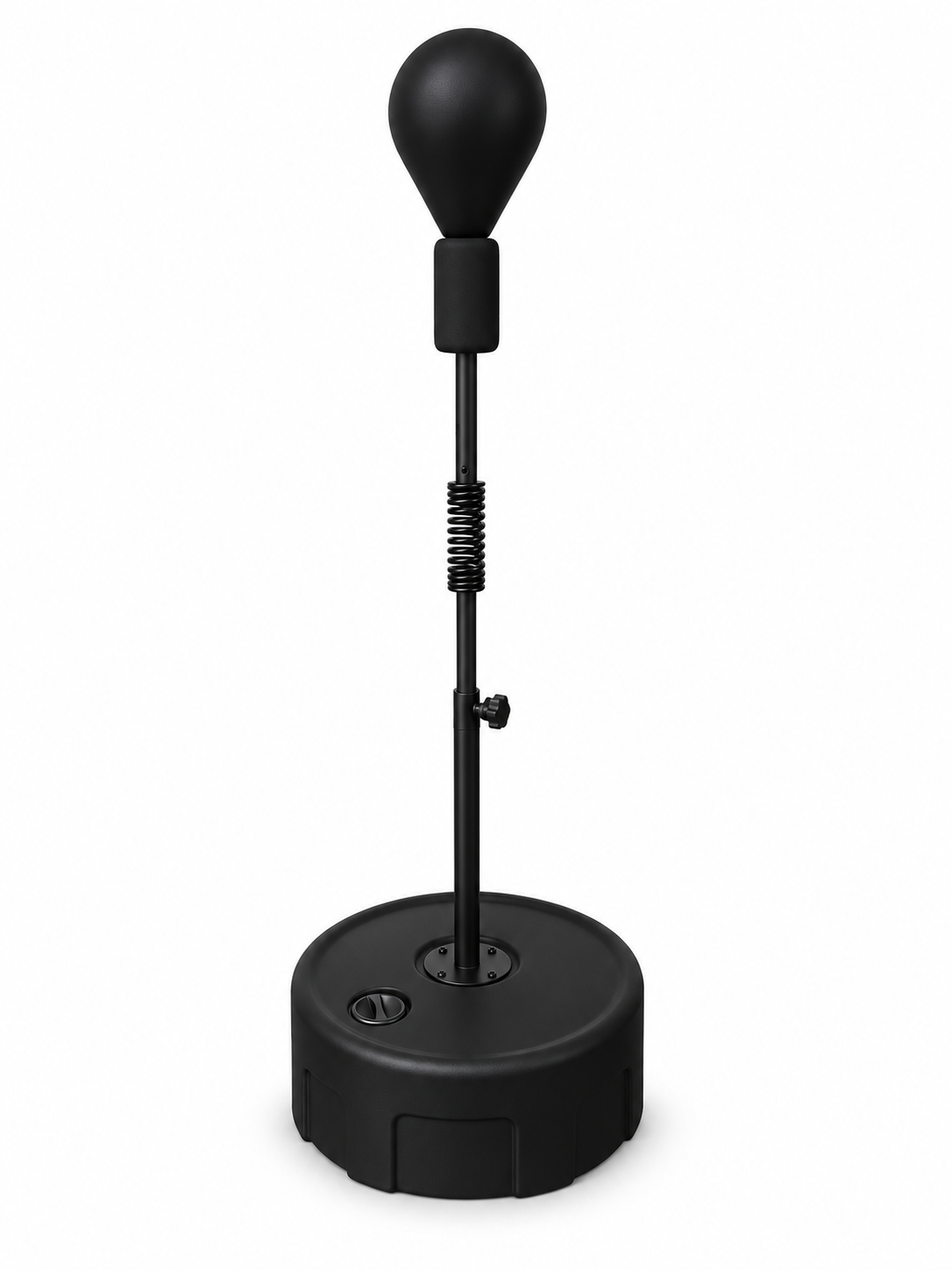 Black reflex bag (cobra bag) with an adjustable pole, coil spring and round weighted base on a white background