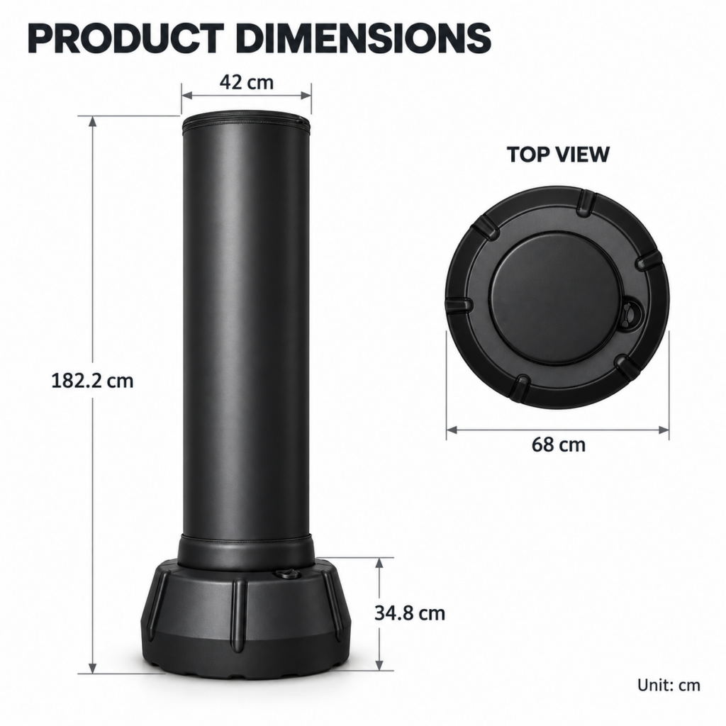 Freestanding water punching bag dimensions: 182.2 cm overall height, 42 cm bag diameter, 68 cm base diameter and 34.8 cm base height