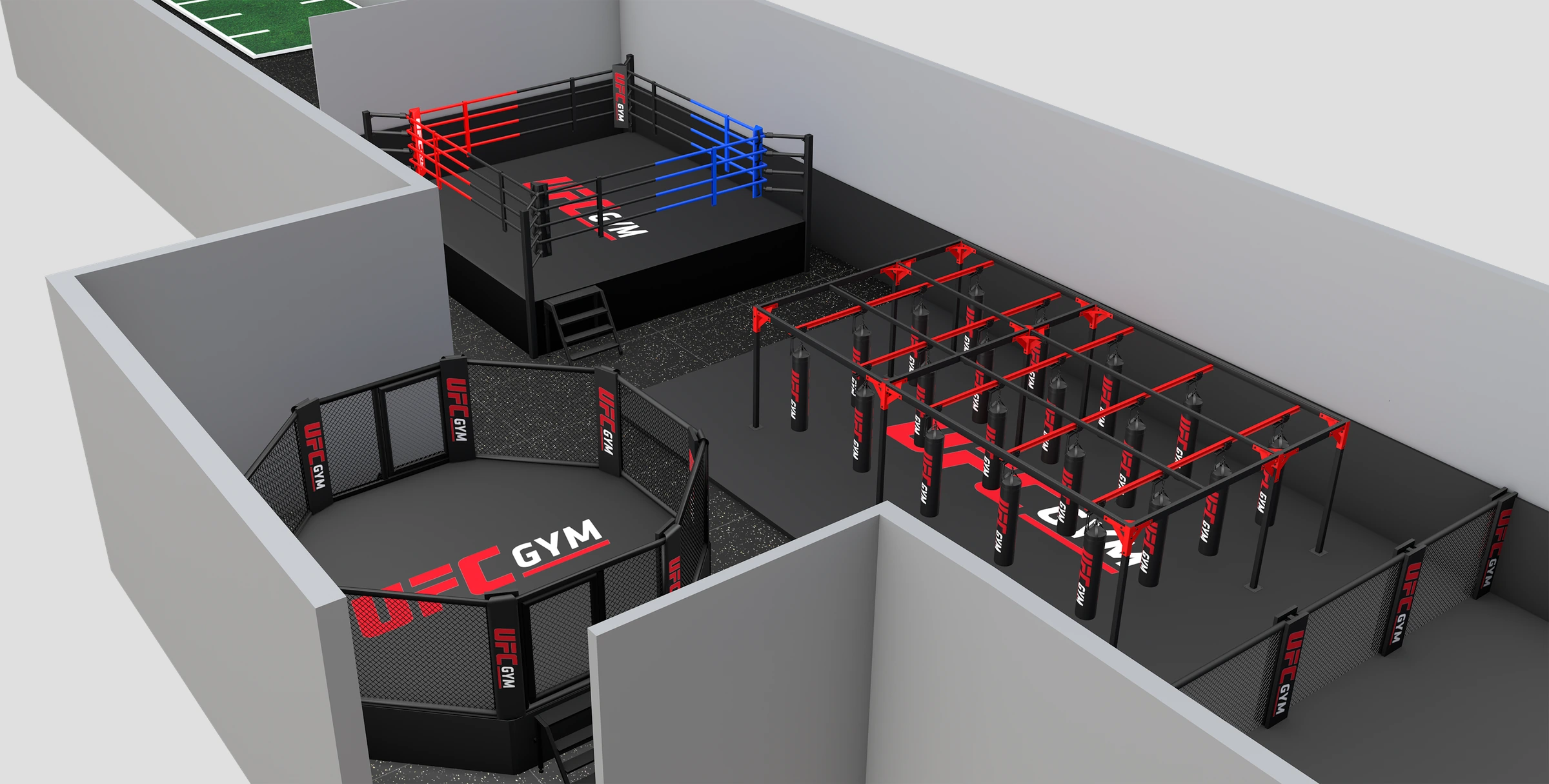 3D combat-gym layout rendering with a boxing ring, MMA cage and heavy-bag rack using UFC GYM-branded equipment