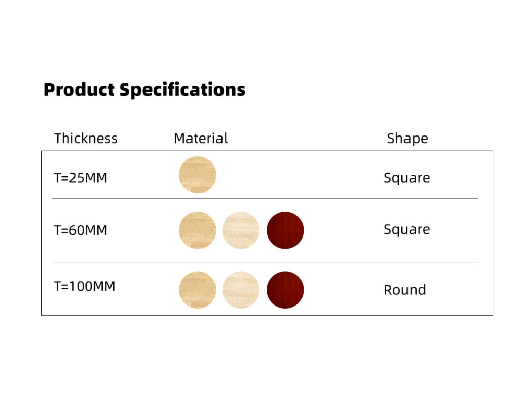 Speed bag platform specifications: 25 mm, 60 mm, 100 mm thickness; wood material; square and round shape