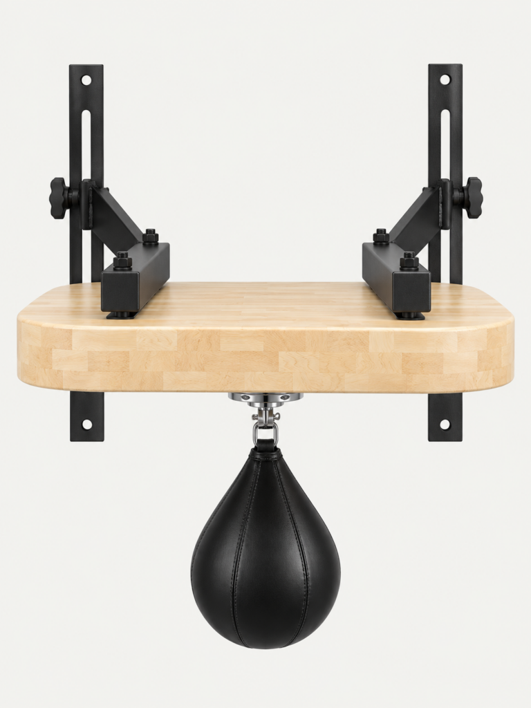 Wall-mounted speed bag platform with wooden board, steel bracket and speed bag on white background