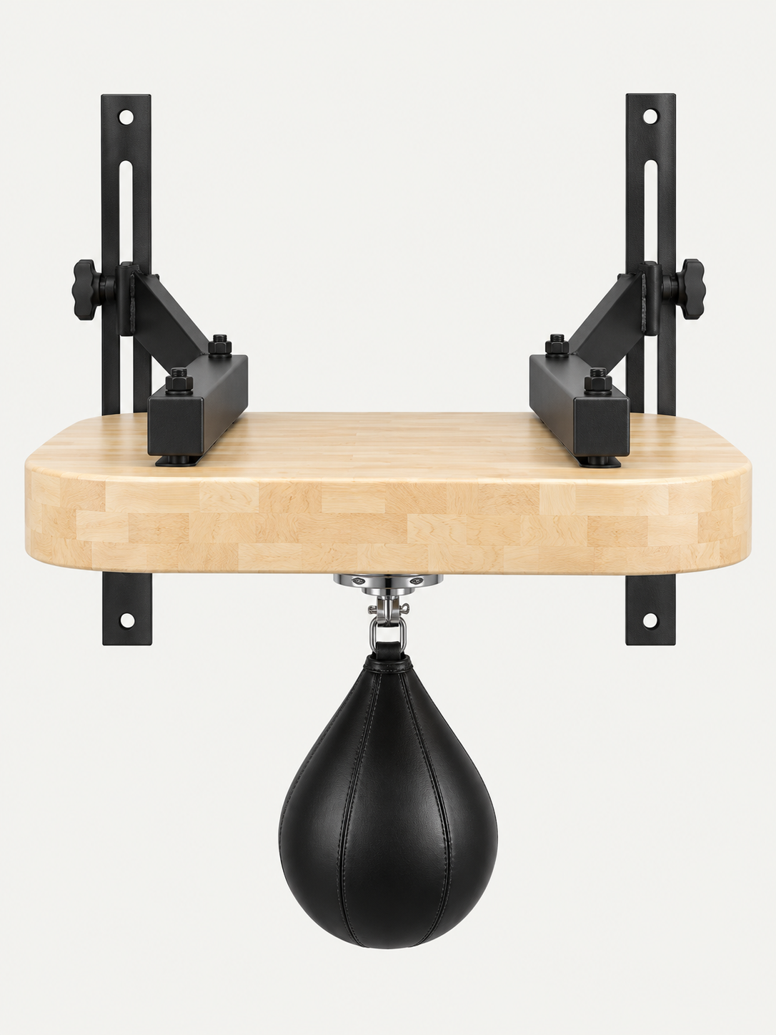 Wall-mounted speed bag platform with wooden board, steel bracket and speed bag on white background