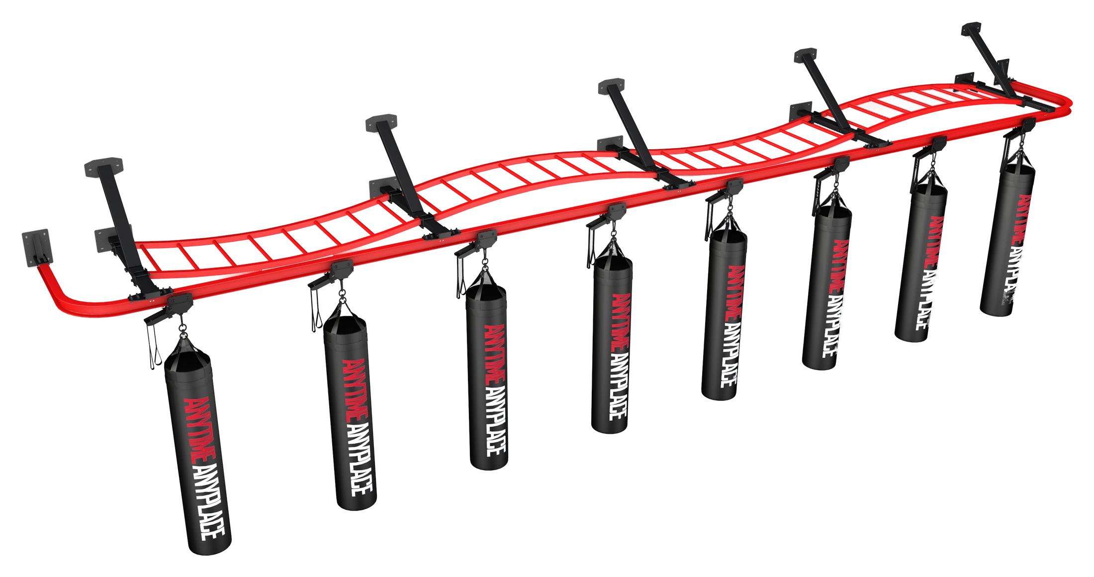 Red overhead track-mounted heavy bag and storage system with multiple hanging bags